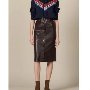 SANDRO Chocolate Brown Nooda Leather Midi Skirt Size 1-Small